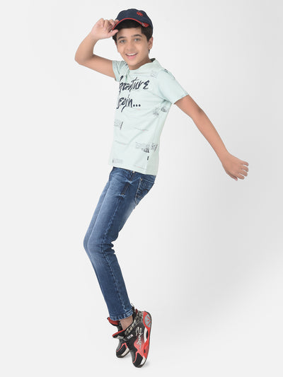 Mint Green Printed Round Neck T-shirt - Boys T-Shirts