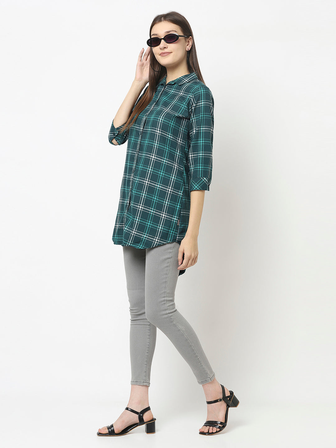 Longline Teal Green Shirt in Checks