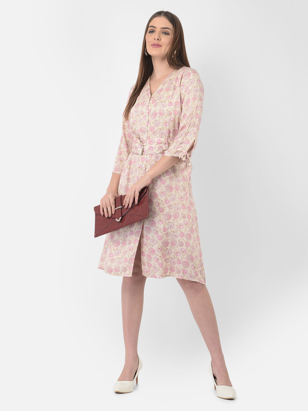 Pink Floral Printed V-Neck Dress With Belt - Women Dresses