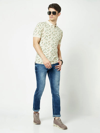  Oatmeal Melange Leaf-Print Polo T-Shirt