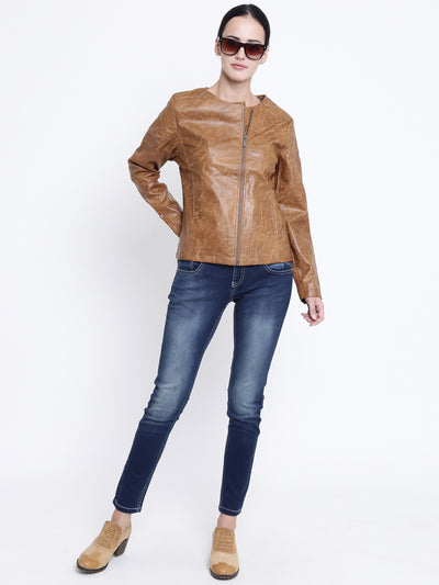 Brown Solid Collarless Jackets-Women Jackets-Crimsoune Club