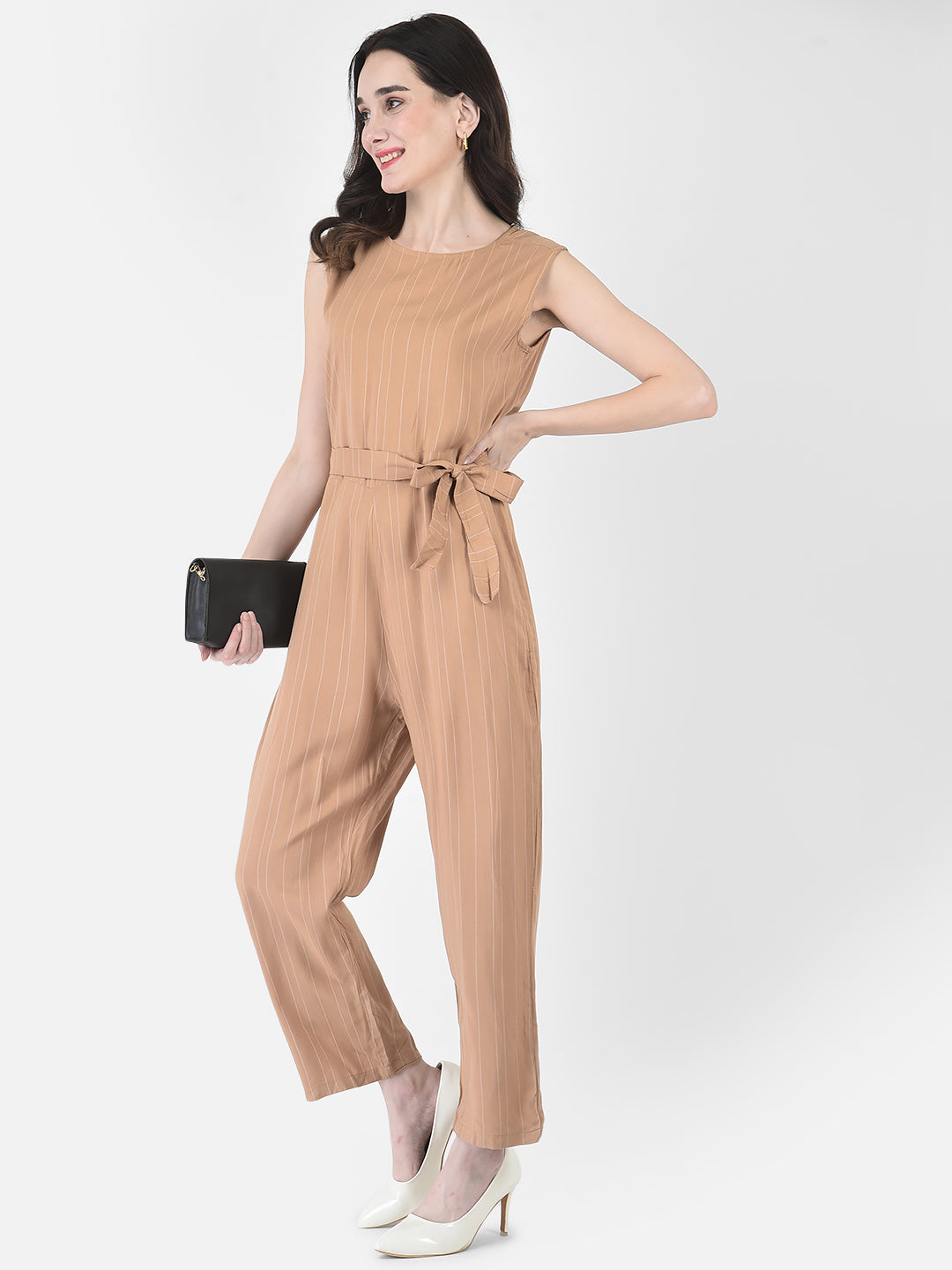 Khaki Striped Jumpsuit-Women Dungarees-Crimsoune Club