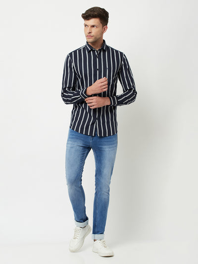 Navy Blue Striped Shirt-Men Shirts-Crimsoune Club