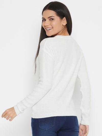 White Self Design Round Neck Sweater - Women Sweaters