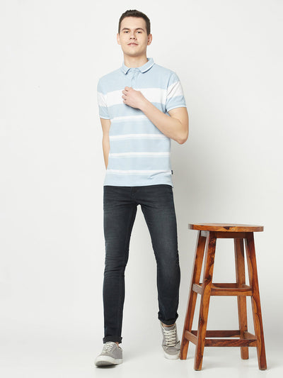  Blue-White Striped Polo T-Shirt