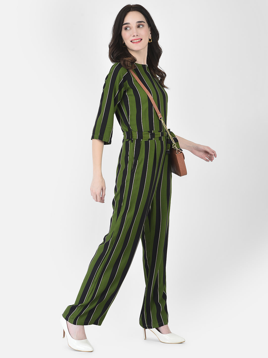 Green Striped Jumpsuit - Women Dungarees