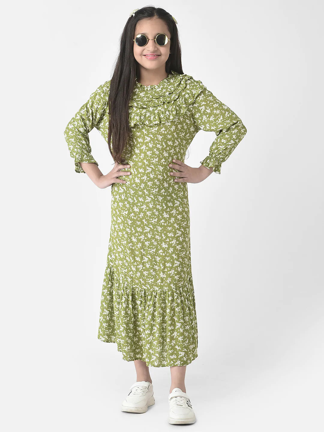  Green Floral Ruffles Dress