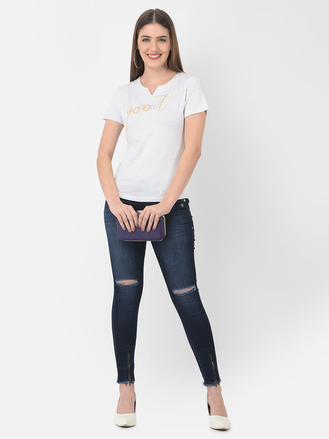 White Printed Round Neck T-Shirt - Women T-Shirts