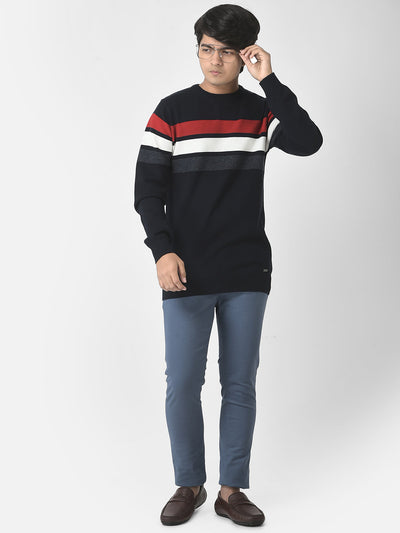  Navy Blue Colour-Blocked Sweater 