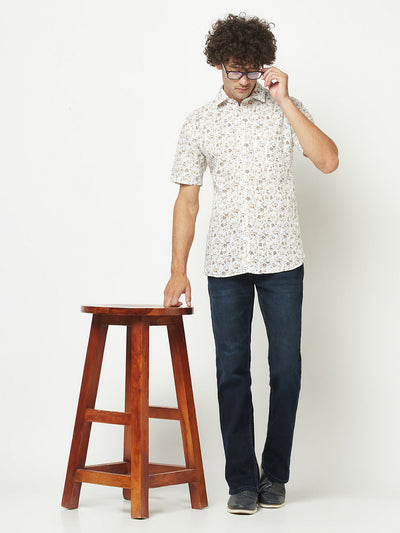  Floral Short-Sleeved White Shirt