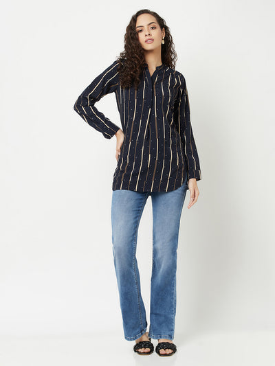 Navy Blue Abstract Printed Top-Women Tops-Crimsoune Club