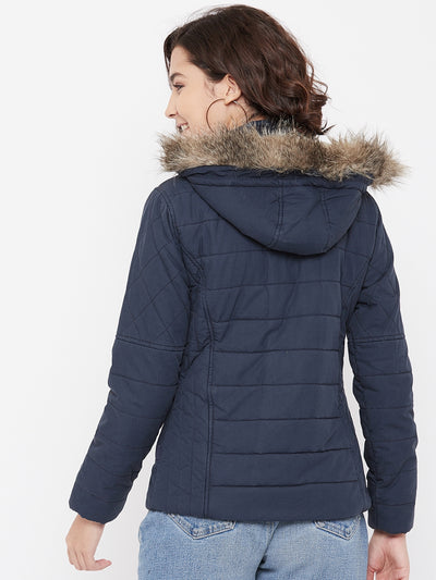 Navy Blue Hooded Jacket - Women Jackets