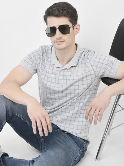  Grey Melange Checked Polo T-Shirt