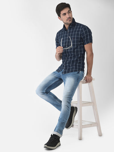 Navy Blue Checked Short Sleeves Shirt - Men Shirts