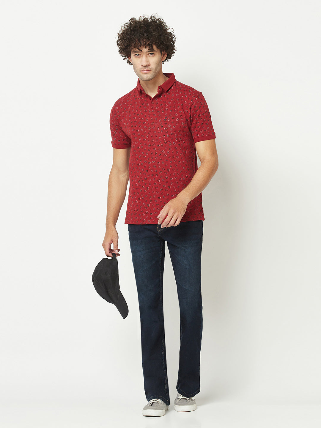  Maroon Floral Print Polo T-Shirt