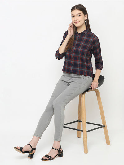 Navy Blue Checked Shirt with Asymmetrical Hemline