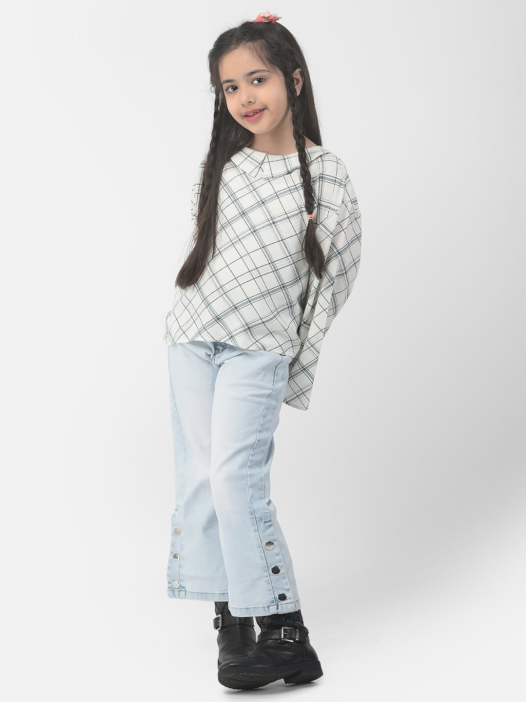  White Bell-Sleeved Checked Top 