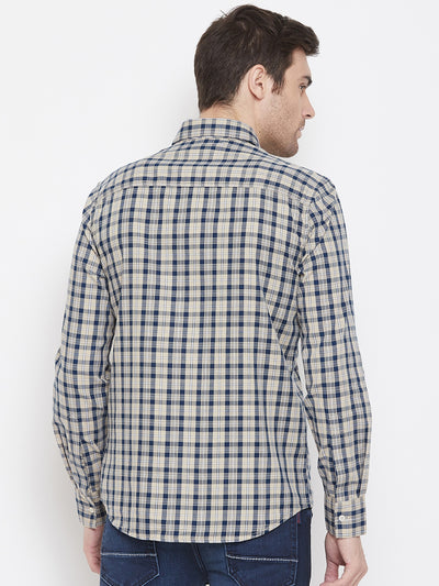 Beige Checked Spread Collar Slim Fit Shirt - Men Shirts