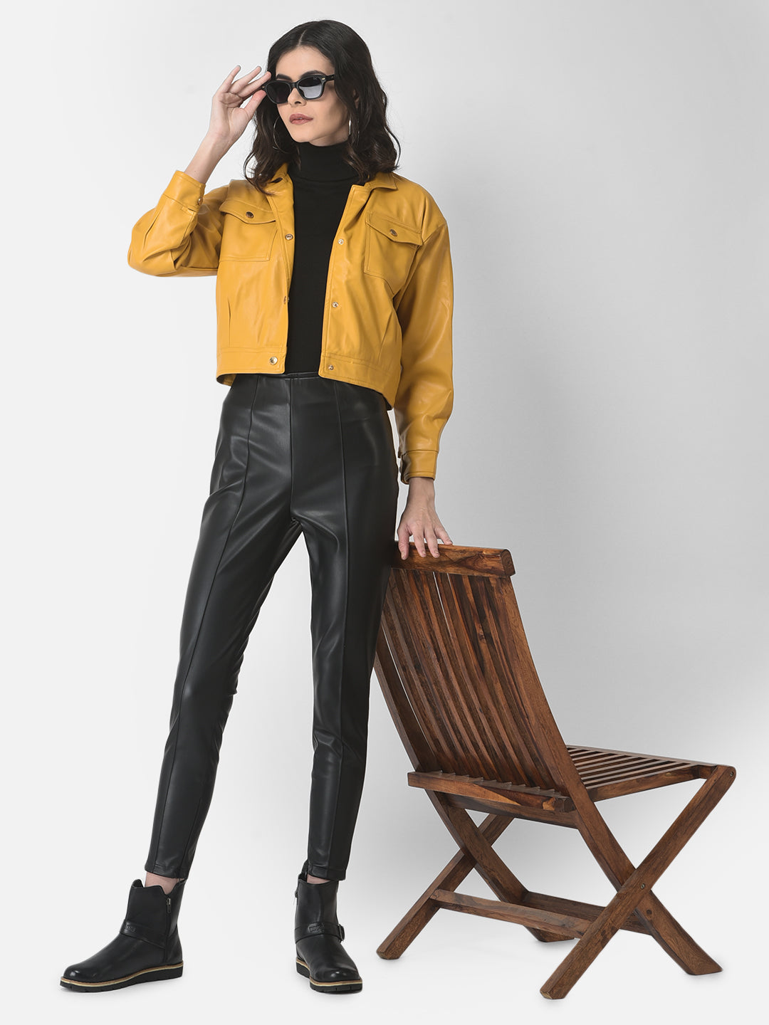  Cropped Mustard Faux Leather Jacket