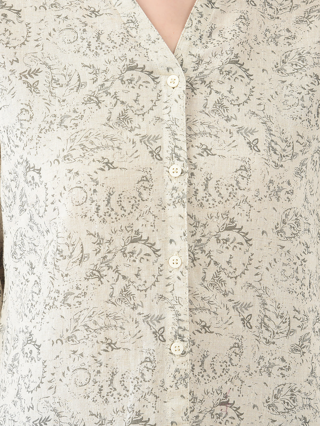 Beige Floral Printed Linen Shirt - Women Shirts