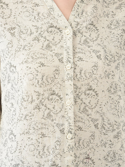 Beige Floral Printed Linen Shirt - Women Shirts