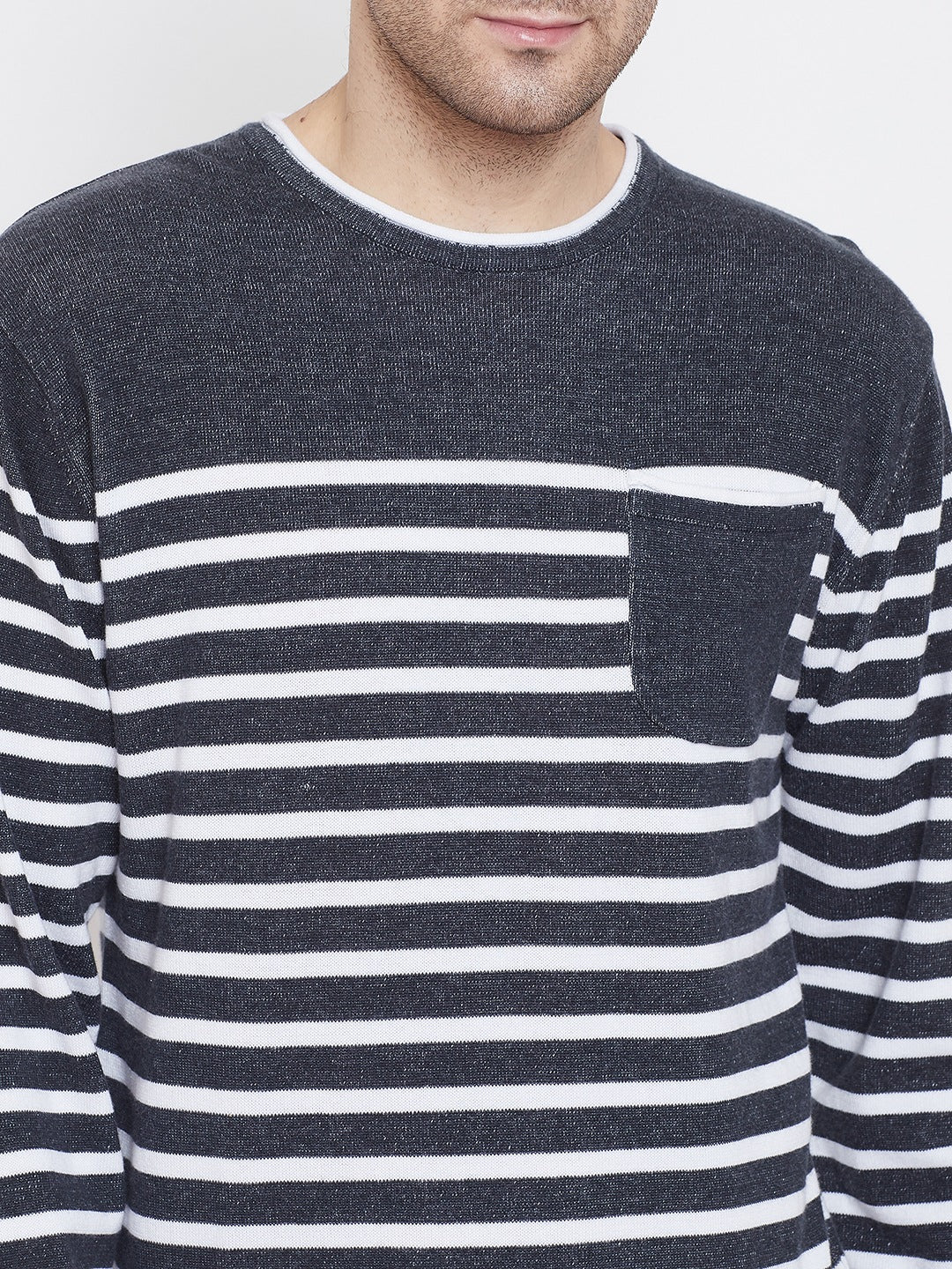 Grey Striped Round Neck Sweaters-Men Sweaters-Crimsoune Club