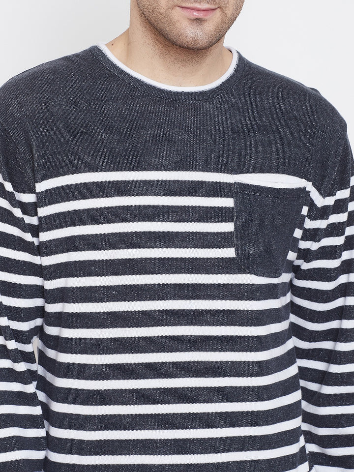 Grey Striped Round Neck Sweaters-Men Sweaters-Crimsoune Club