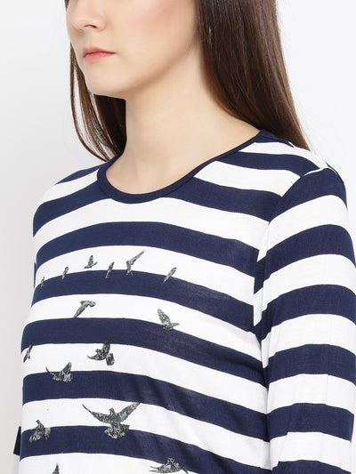 White Striped Round Neck T-Shirt - Women T-Shirts