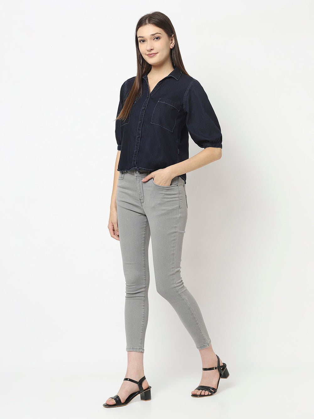 Navy Blue Denim Crop Top with Patch Pocket Detail