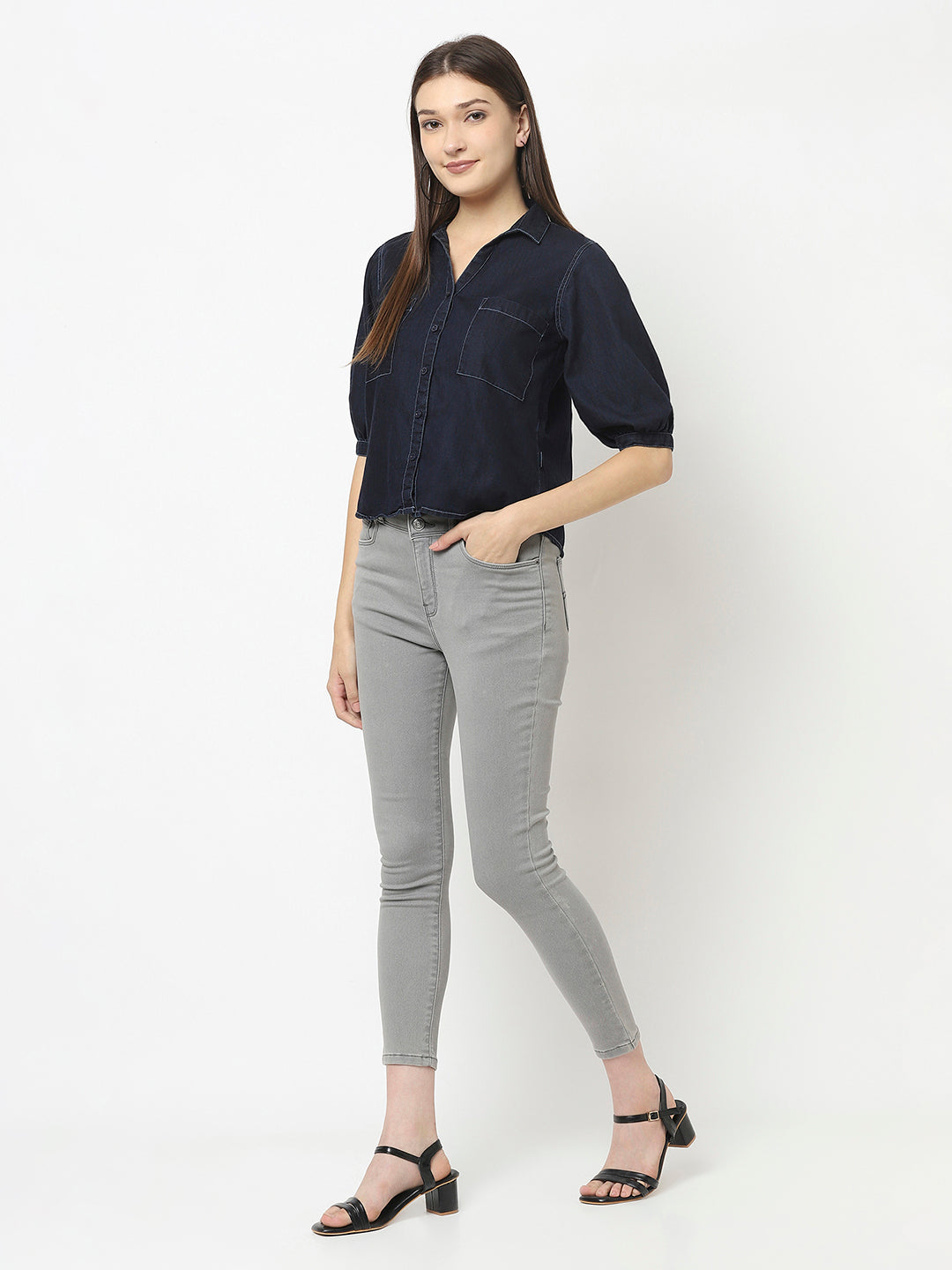 Navy Blue Denim Crop Top with Patch Pocket Detail