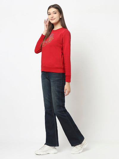Red Pull-Over Style Sweatshirt with Graphic Print 