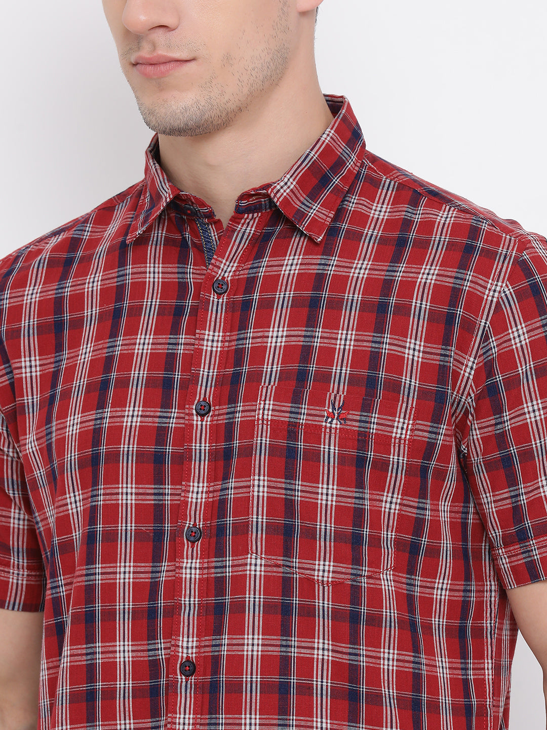 Red Checked Spread Collar Slim Fit Shirt - Men Shirts