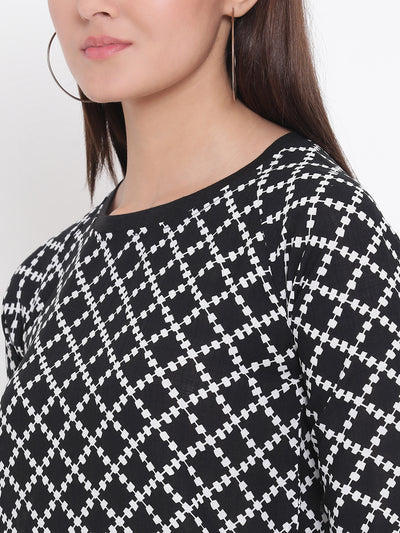 Black Printed Round Neck Top - Women Tops