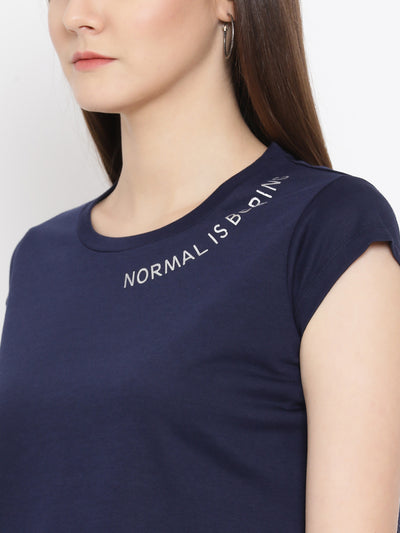 Navy Blue Printed Round Neck T-Shirt - Women T-Shirts