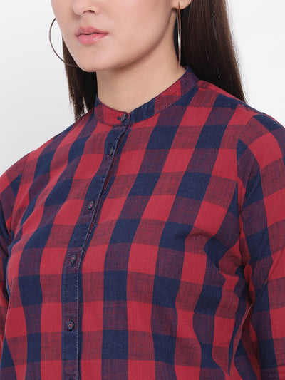 Red Checked Mandarin Collar Slim Fit Shirt - Women Shirts