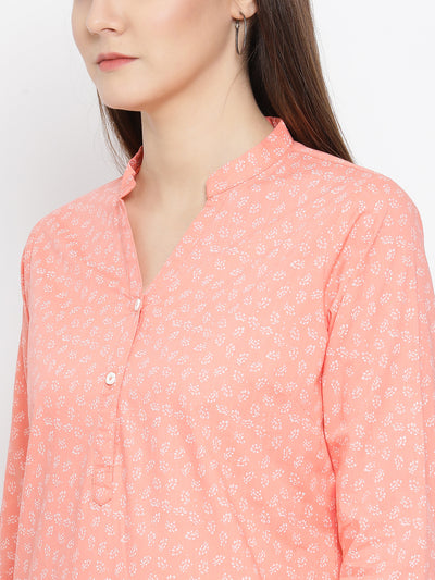 Orange Printed Mandarin Collar Tops - Women Tops
