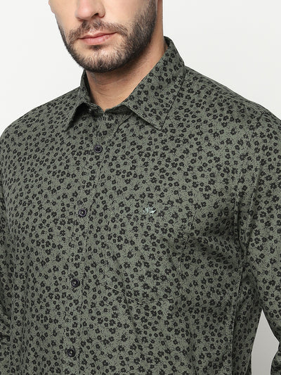 Olive Green Floral Shirt-Men Shirts-Crimsoune Club