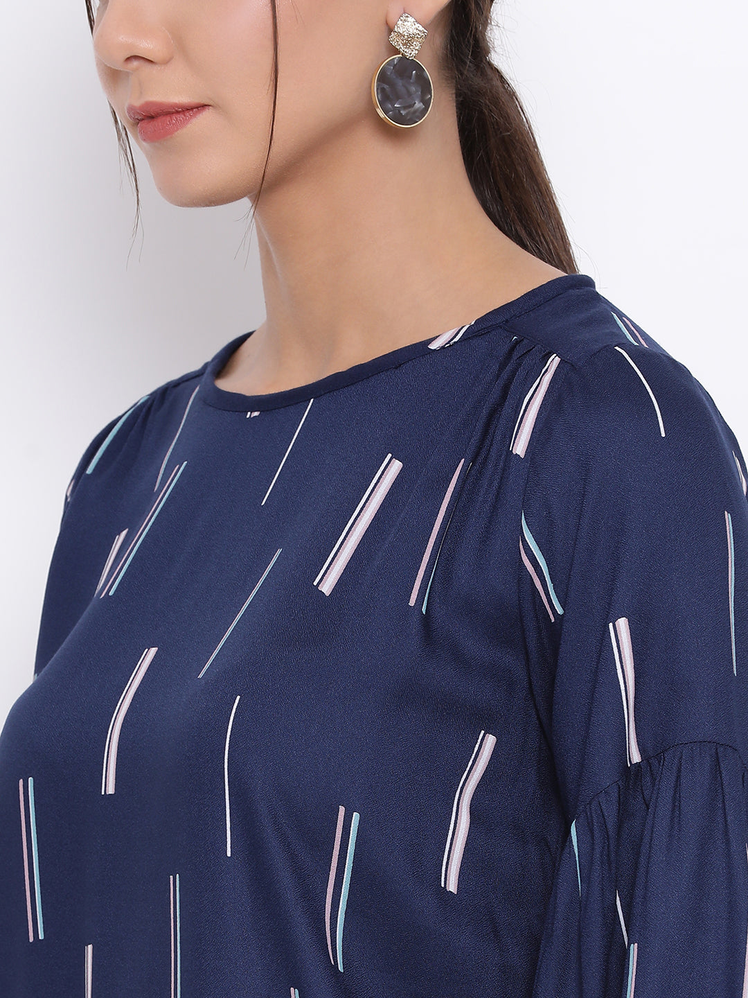 Blue Printed Full Sleeves Top - Women Tops