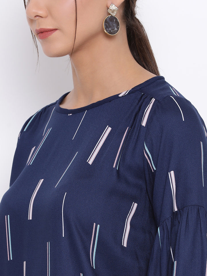 Blue Printed Full Sleeves Top - Women Tops