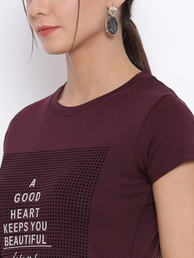 Maroon Printed Slogan T-shirt - Women T-Shirts