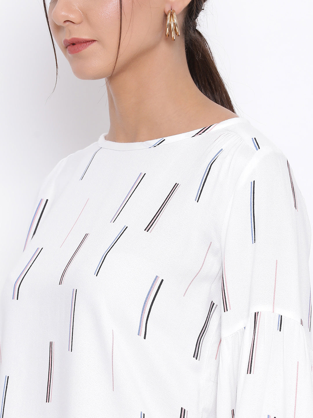 White Printed Round Neck Tops - Women Tops