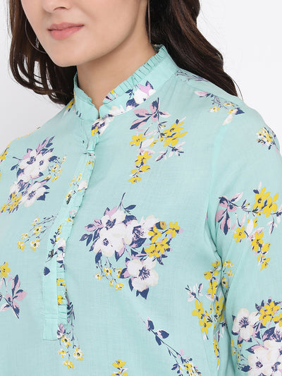 Green Printed Mandarin Collar Tops - Women Tops