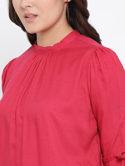 Red Printed Mandarin Collar Tops - Women Tops