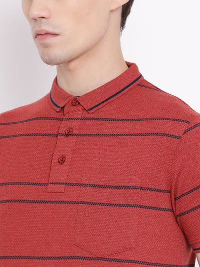 Red Striped Polo Neck T-Shirt - Men T-Shirts