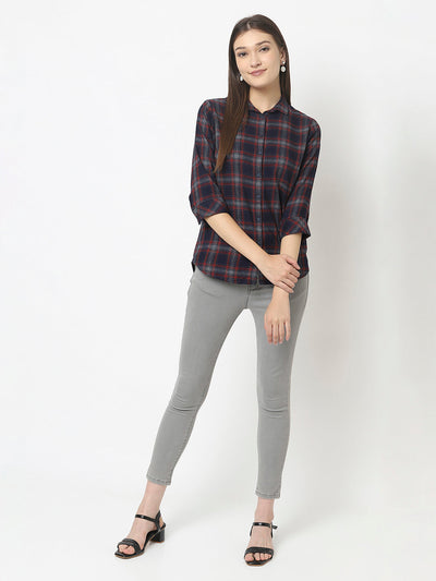 Navy Blue Checked Shirt with Asymmetrical Hemline