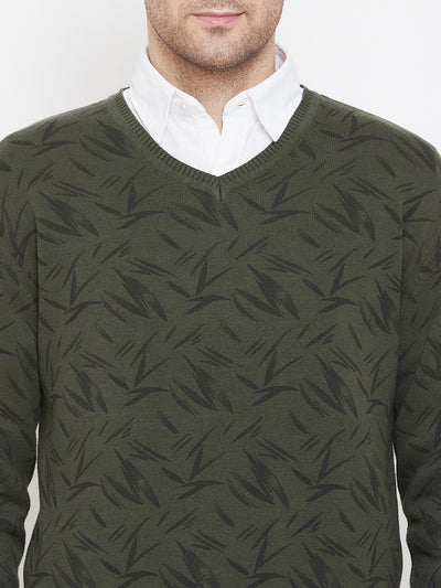 Olive Printed V-Neck Sweater - Men Sweaters