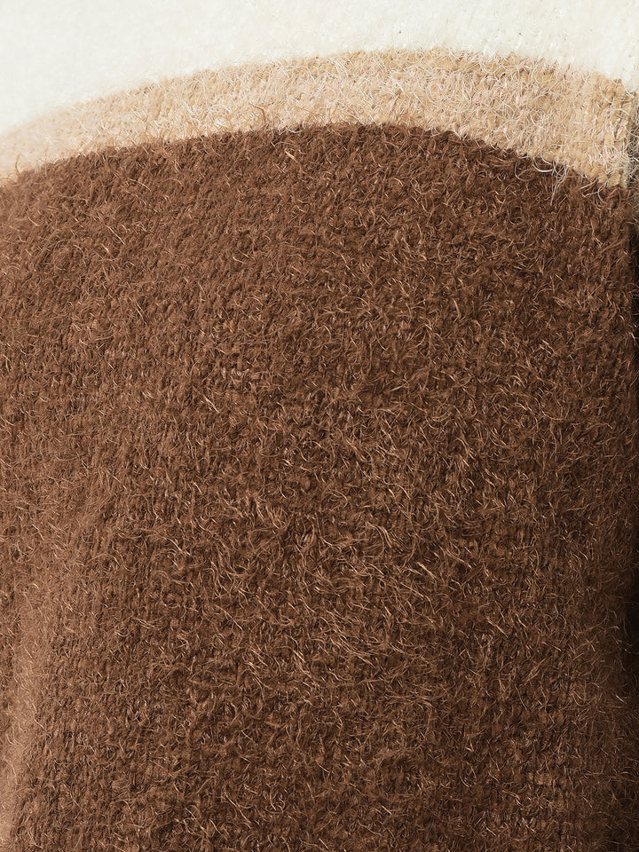  Brown Colour-Blocked Sweater 