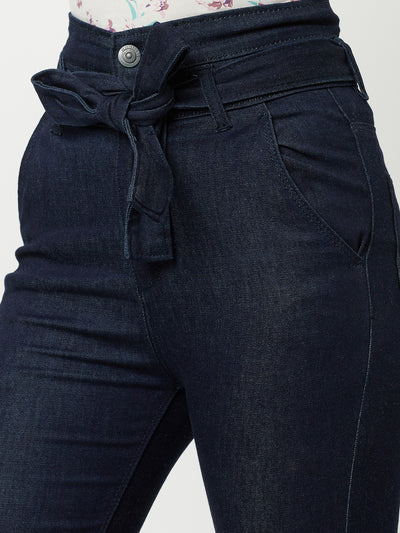 Navy Blue High waist Jeans With Belt-Women Jeans-Crimsoune Club