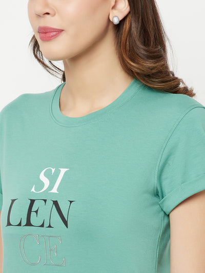 Mint Green Printed Round Neck T-Shirt - Women T-Shirts