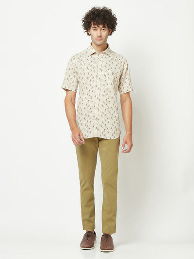 Beige Short-Sleeved Floral Shirt